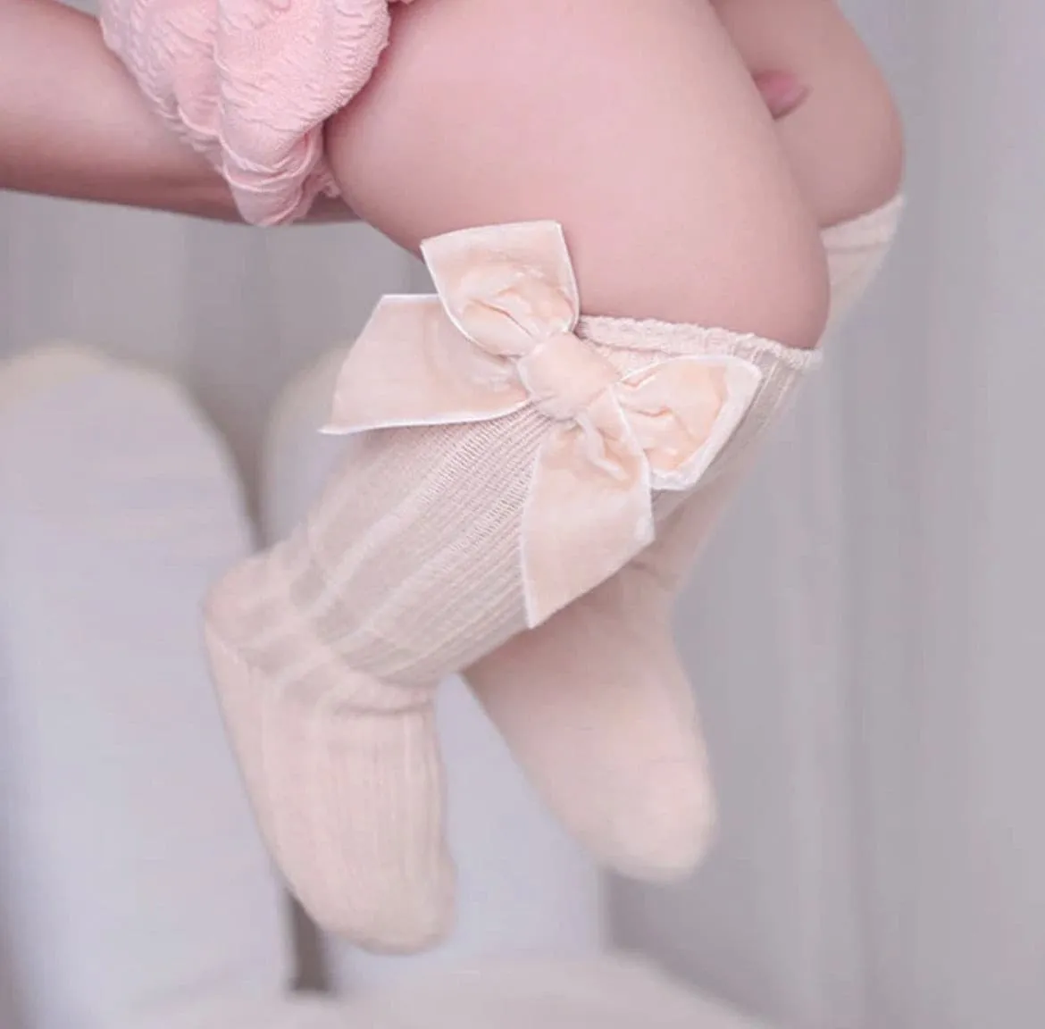 Valentina - Velvet Bow Baby Socks - Oatmeal Beige