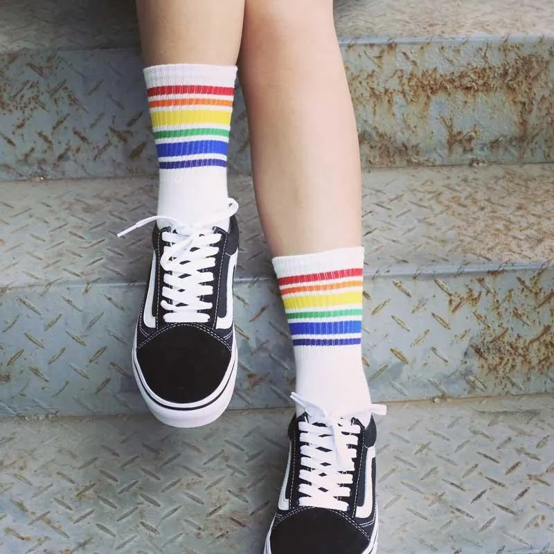 Vibrant Rainbow Mid Calf Retro Skater Socks