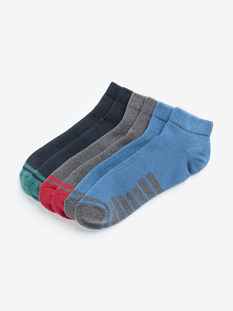 WES Lounge Grey Striped Cotton Blend Socks- Pack of 3