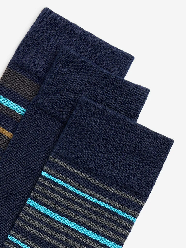 WES Lounge Navy Striped Socks- Pack of 3