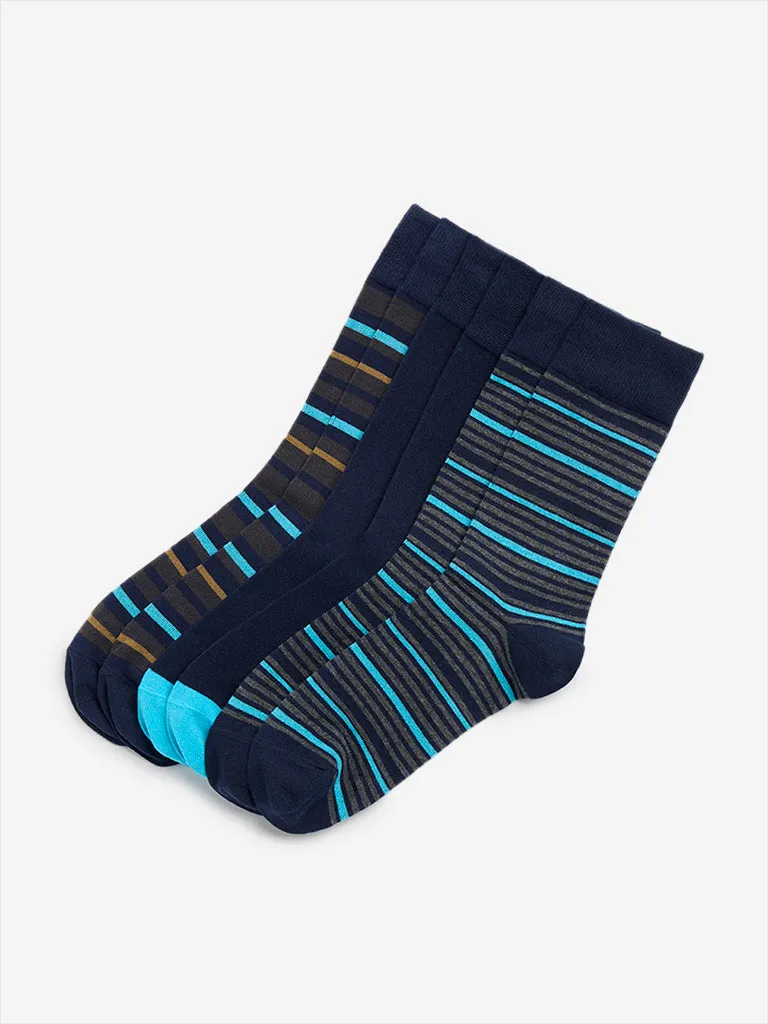 WES Lounge Navy Striped Socks- Pack of 3