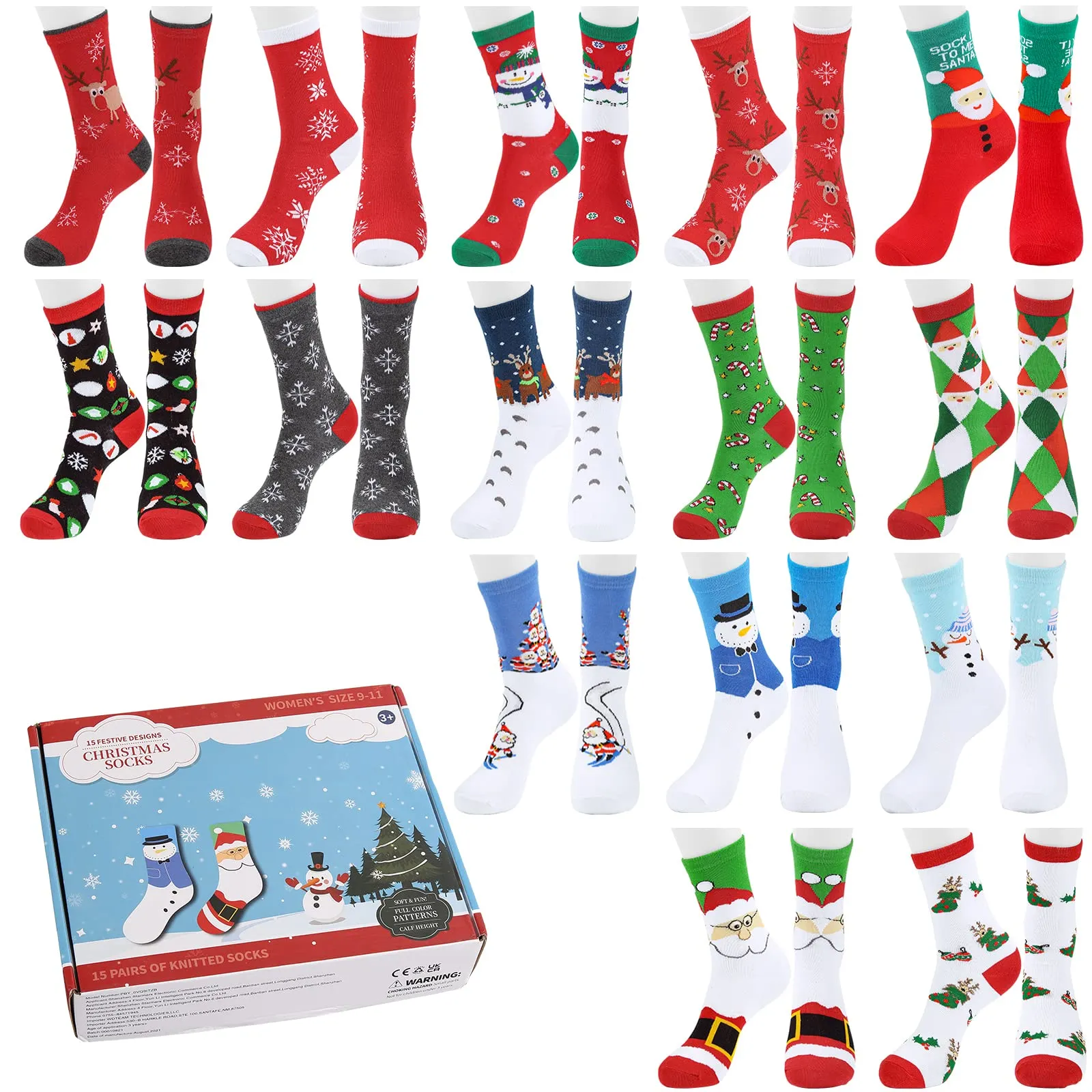 WHIZMAX 15 Pairs Crew Christmas Socks Cotton Knit