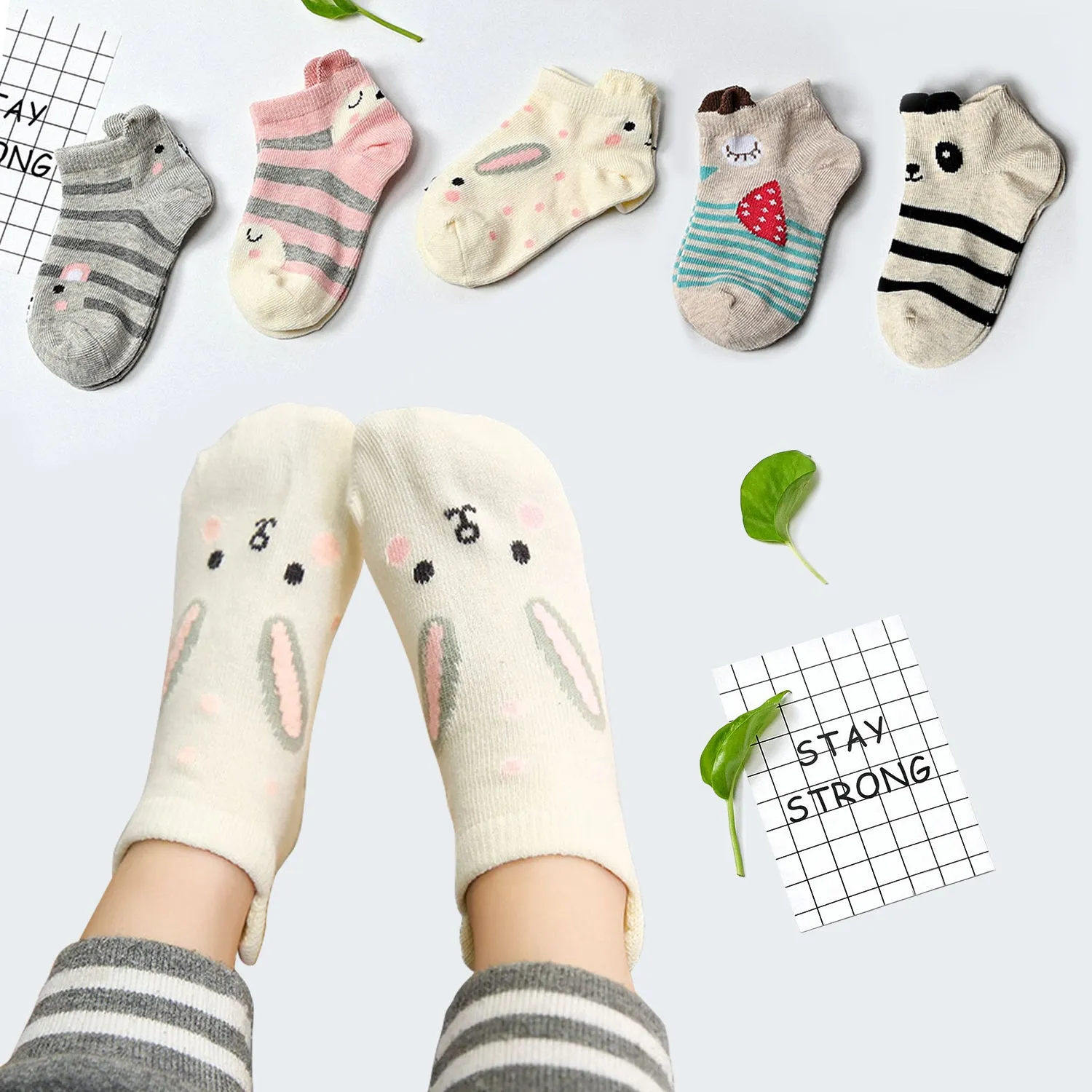 ZFSOCK Girls Kids Socks Ankle Low Cut Non Slip Socks with Grips Cotton Funny Novelty Animal Toddler Socks 5 Pairs