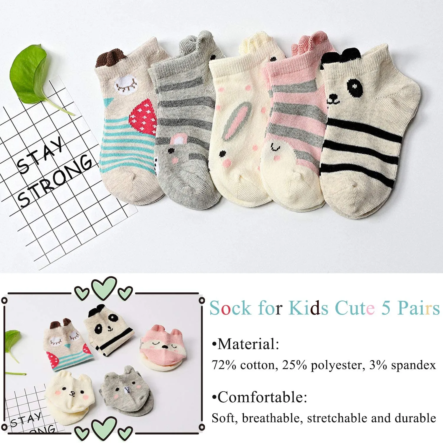 ZFSOCK Girls Kids Socks Ankle Low Cut Non Slip Socks with Grips Cotton Funny Novelty Animal Toddler Socks 5 Pairs